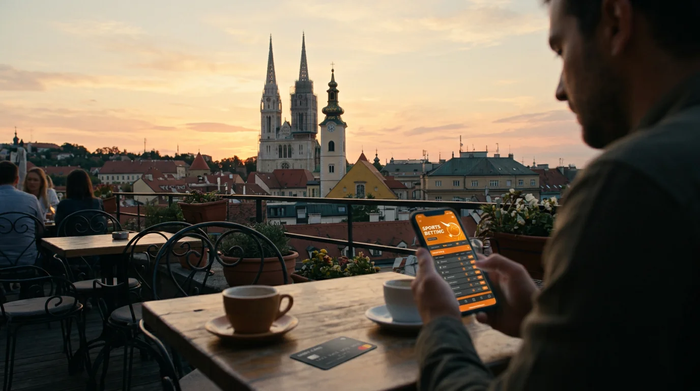 Panorama Zagreba s prikazom mobilnog klađenja na smartphoneu