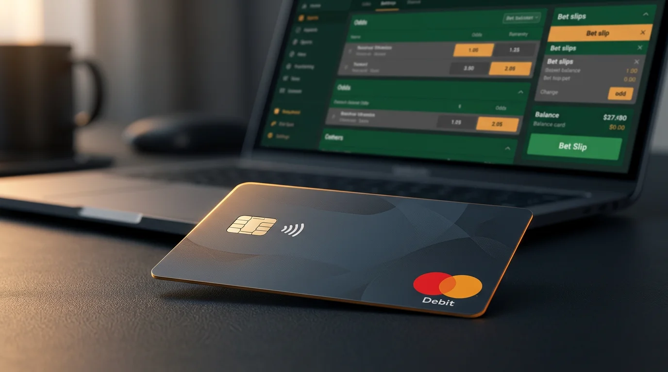 Mastercard kartica na stolu pored laptopa s otvorenom stranicom kladionice