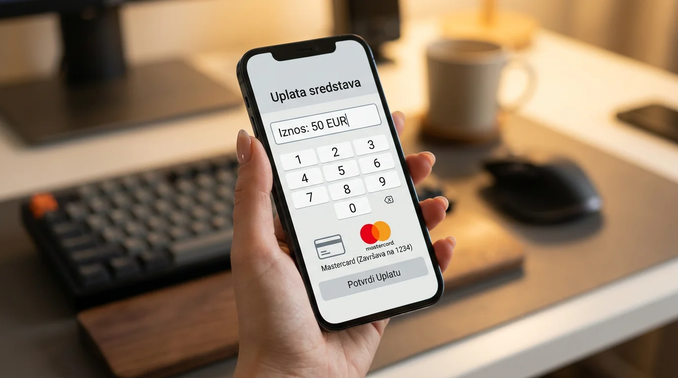 Postupak uplate na kladionicu Mastercard karticom prikazan korak po korak na ekranu mobitela